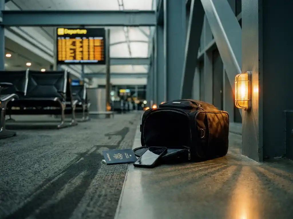 Passport and smartphone on airport terminal floor beside a tipped carry-on bag, blurred departure board overhead, amber emergency light casting long shadows.