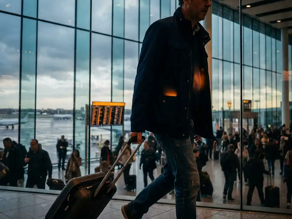 Solo traveller pulling carry-on luggage through a busy airport terminal, a faint glowing tracker visible in their jacket pocket, cinematic navy and amber tones.