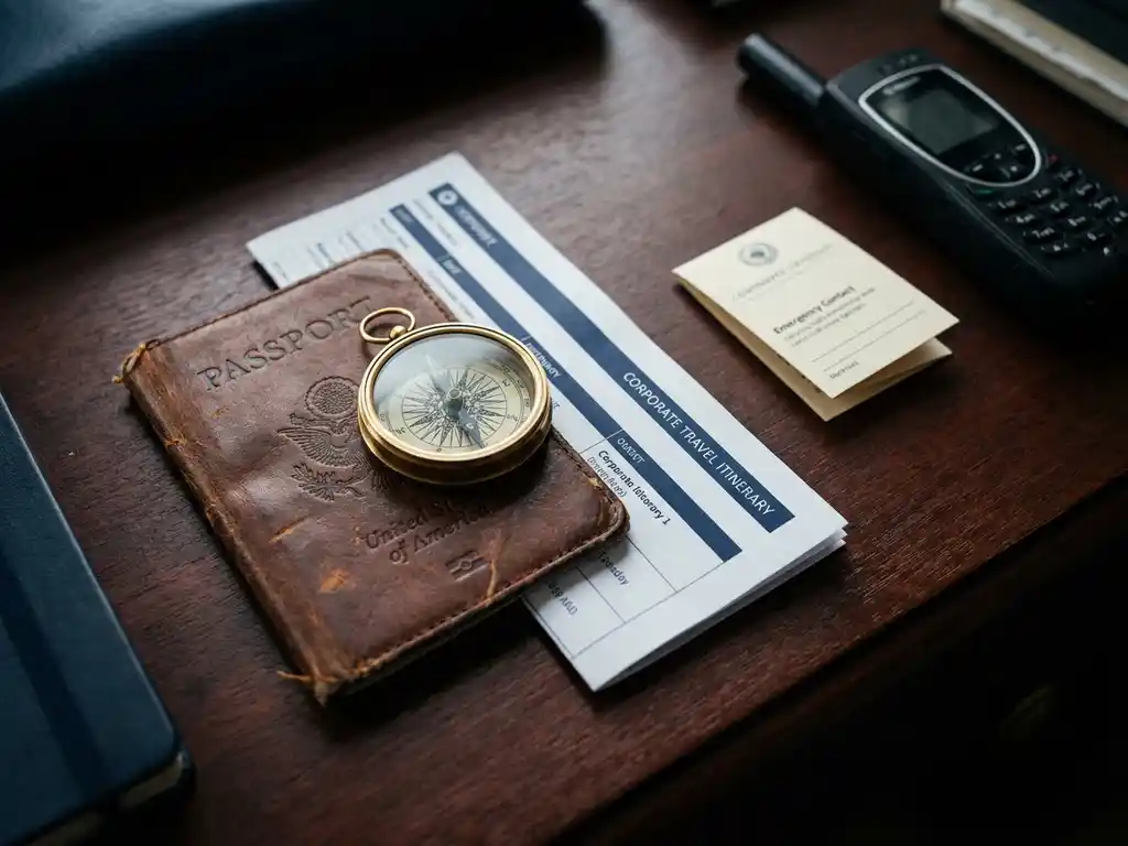 Worn leather passport and corporate travel itinerary pinned under a polished compass on a mahogany desk, with a satellite phone and emergency contact card nearby.