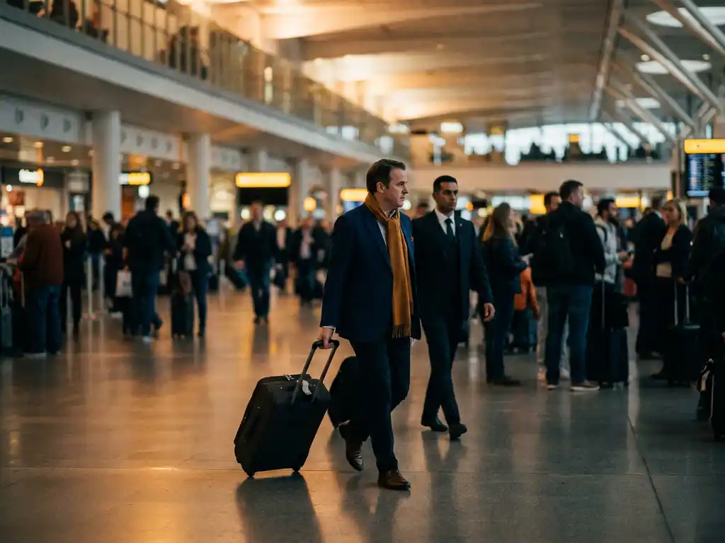 Business traveller pulling a rolling suitcase through a busy international airport terminal with a discreet security escort close behind.