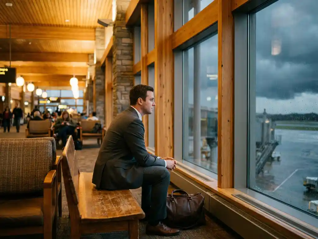 Business traveller in a tailored suit pausing at an international airport terminal, stormy sky visible through floor-to-ceiling windows.