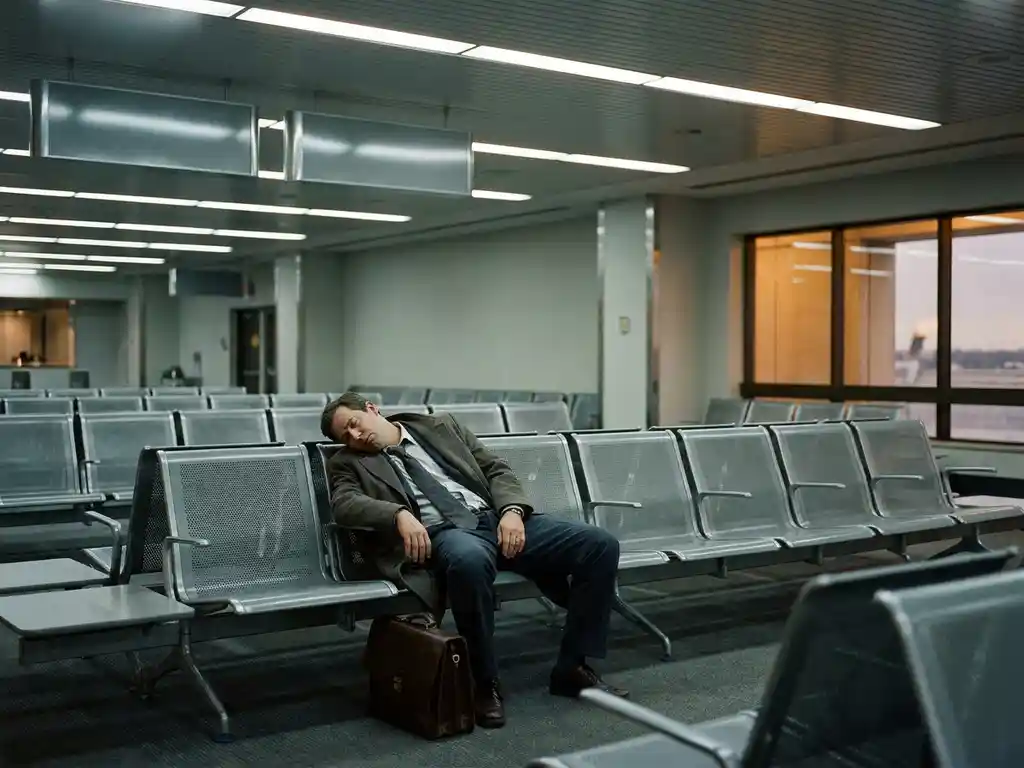 Exhausted business traveler resting head in hand at an empty airport terminal gate under harsh fluorescent lighting.