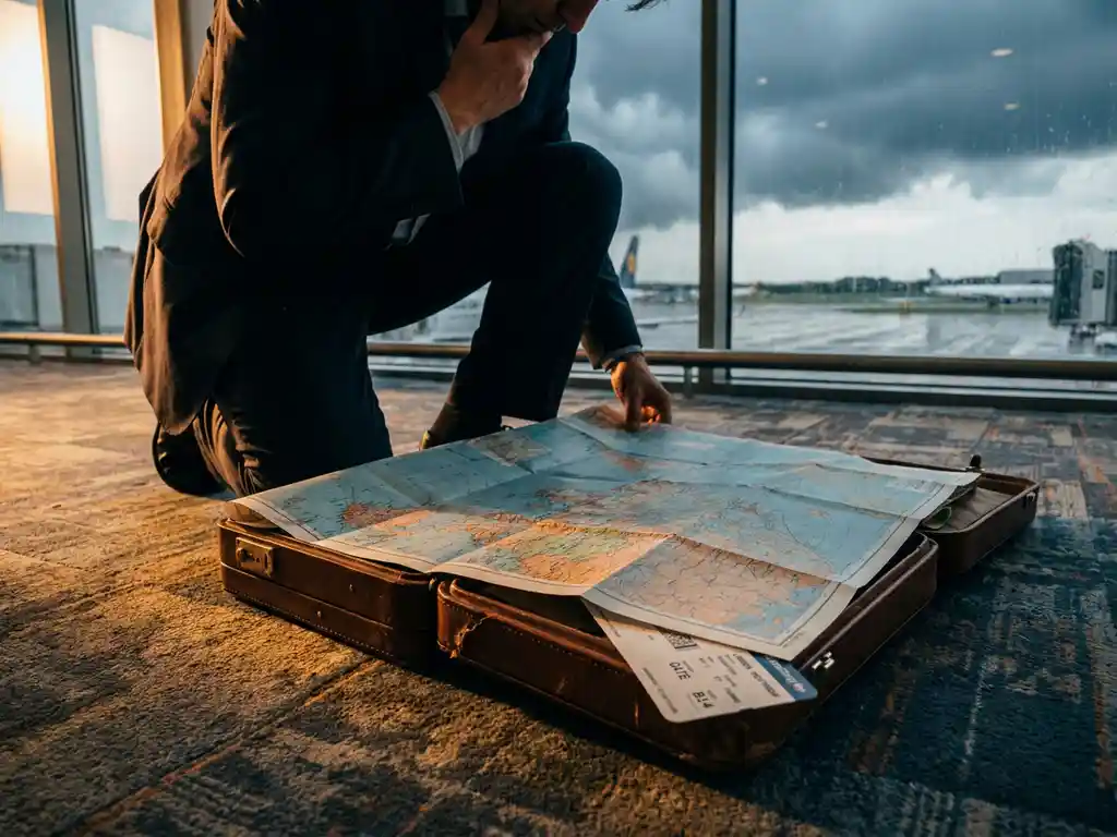 Business traveler studying a paper map spread over a leather briefcase on an airport terminal floor, boarding pass nearby, stormy skies visible through windows.