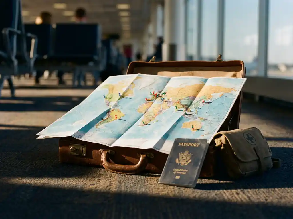 Business traveler examining a world map on a briefcase in an airport, colored pins marking destinations, passport and medical kit nearby.