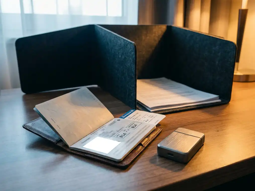 Passport and boarding pass beside a GPS tracker on a hotel desk, partially covered by a privacy screen, highlighting corporate travel surveillance concerns.