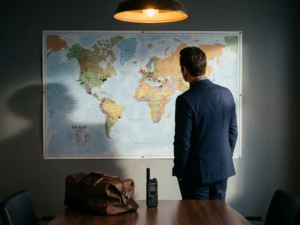 Corporate traveler in a tailored suit studying a world map with colored route markers, leather bag and satellite phone on the conference table below.