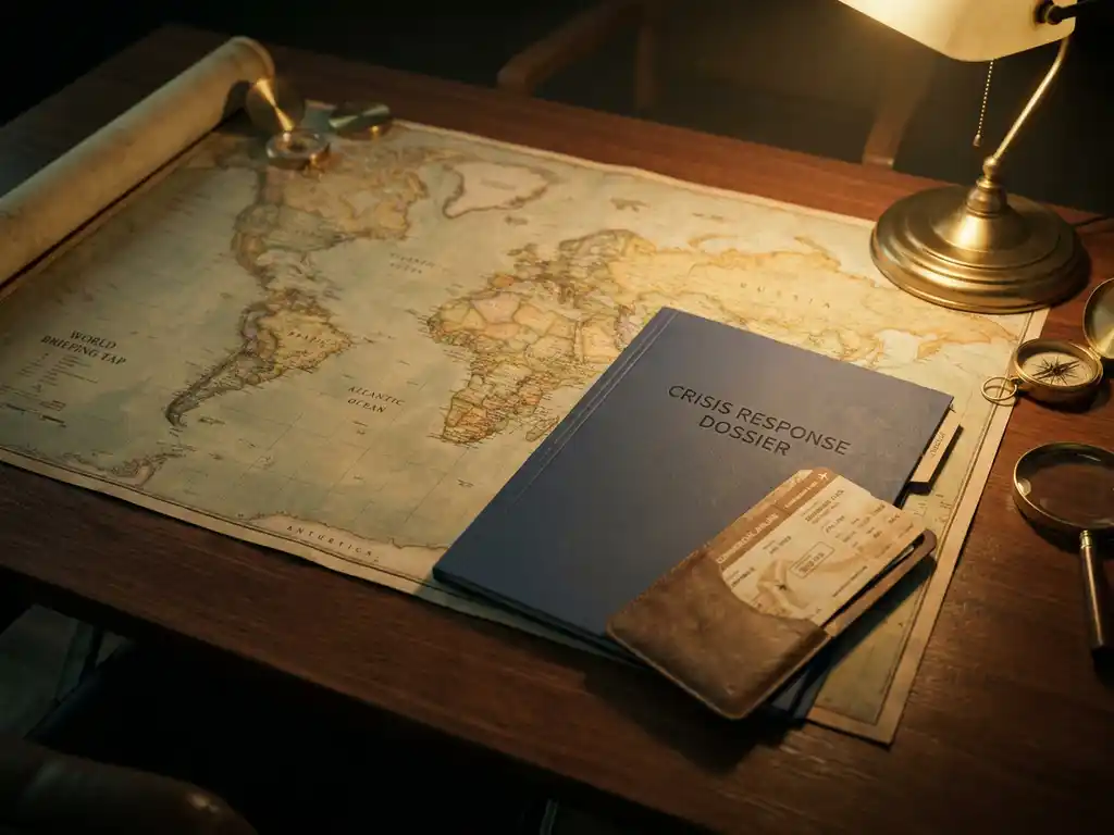 Weathered world map on a briefing table with an airline boarding pass and crisis response dossier under warm desk lamp light.