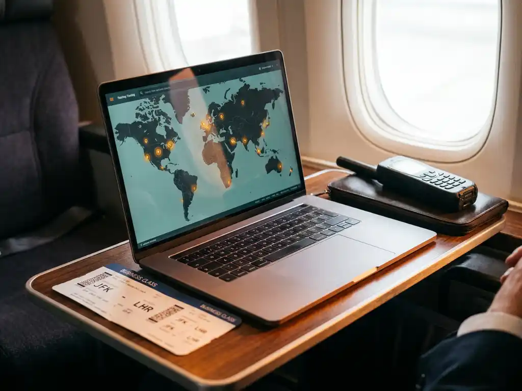 Laptop showing global tracking map with location pins on airplane tray table beside a boarding pass and satellite phone.