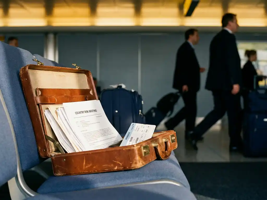 Worn leather briefcase open on an airport lounge seat beside a country risk briefing and boarding pass, warm terminal lighting overhead.