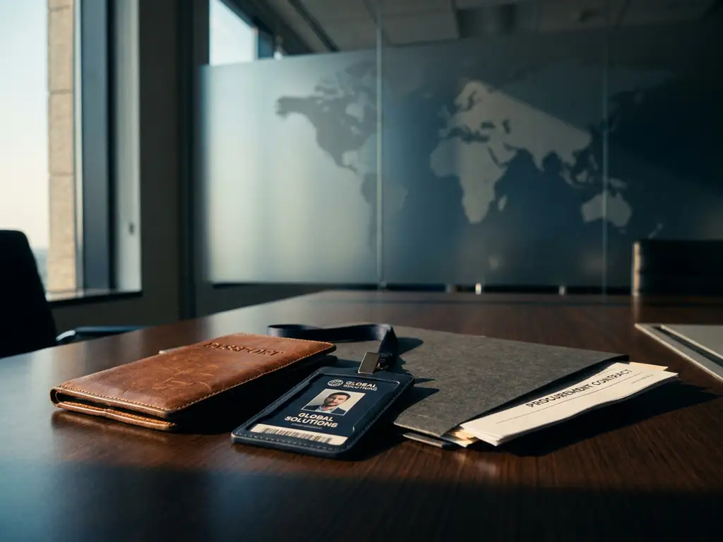 Worn leather passport holder, corporate ID badge, and procurement contract folder on a polished table with a frosted glass world map backdrop.