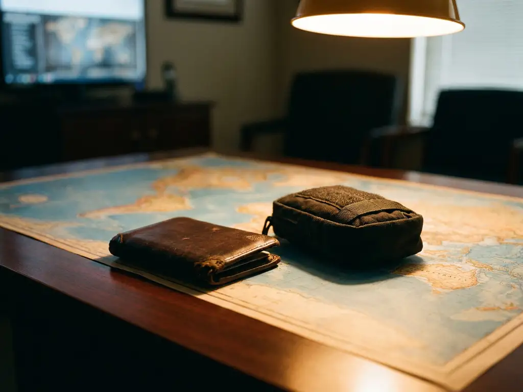 Worn leather passport holder and tactical emergency kit on a briefing room table over a global map, navy and amber tones.