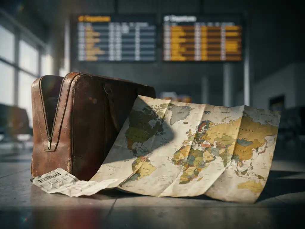 Worn leather travel briefcase open on airport floor with crumpled world map and boarding pass, dramatic side lighting, muted olive and grey tones.