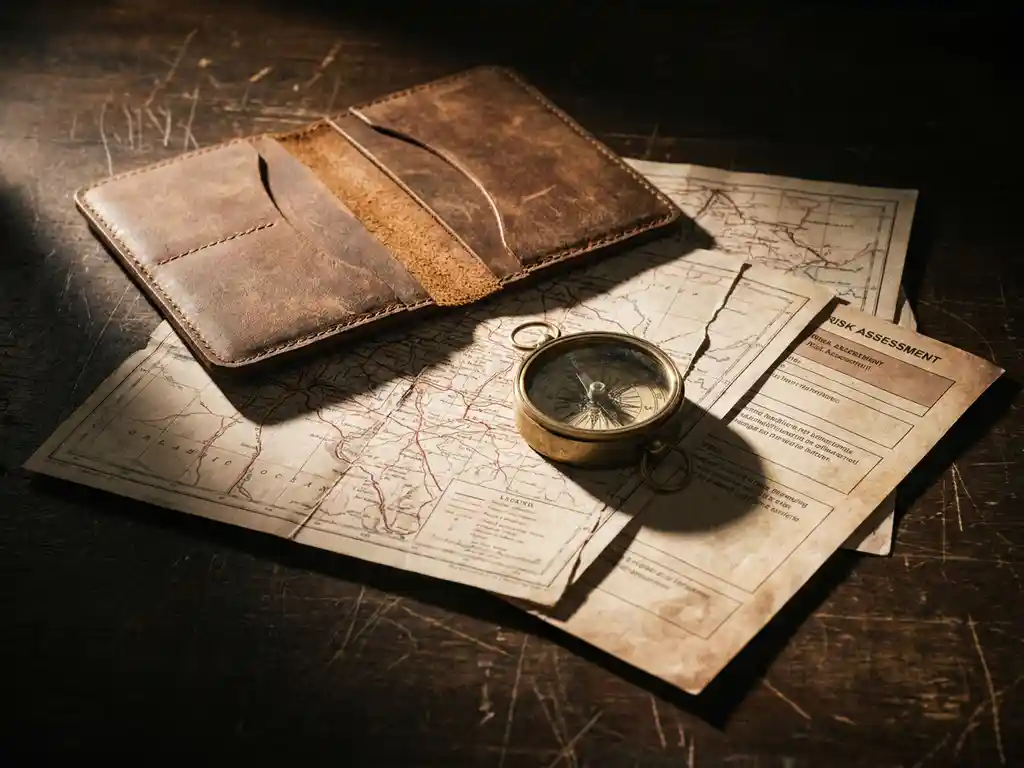 Worn leather travel document holder open beside a compass, with regional maps and risk assessment papers fanned across a dark briefcase table.