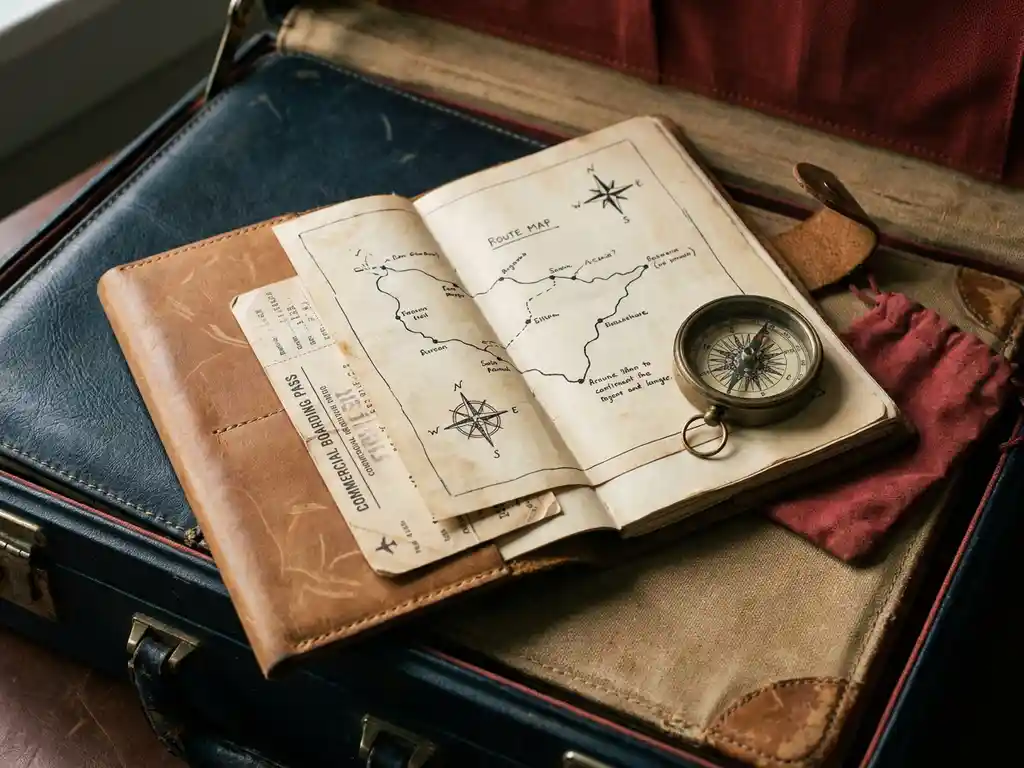 Worn leather travel journal open to a hand-drawn route map with a boarding pass and brass compass on a dark briefcase.
