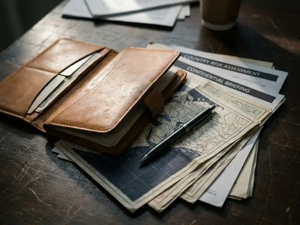 Worn leather travel document wallet open over country risk assessments and maps, pen resting across pages in moody directional light.