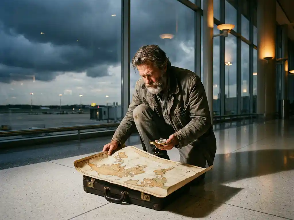 Traveler with compass studying a world map on a briefcase in an airport terminal, storm clouds visible through large windows behind them.