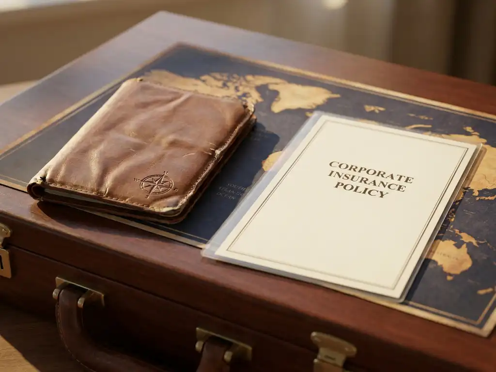 Worn leather passport holder beside a corporate insurance document on a briefcase, with a world map underneath in navy and amber tones.