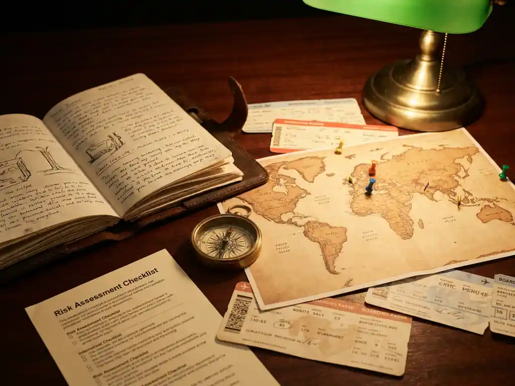 Worn leather travel journal open beside a brass compass and pinned world map on a mahogany desk, with boarding passes and a risk assessment checklist in warm amber lamplight.