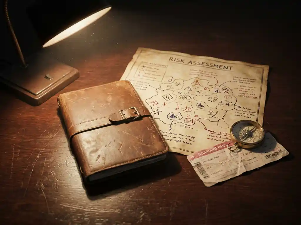 Worn leather travel journal and risk assessment map on mahogany desk with brass compass and boarding pass under warm lamp light.