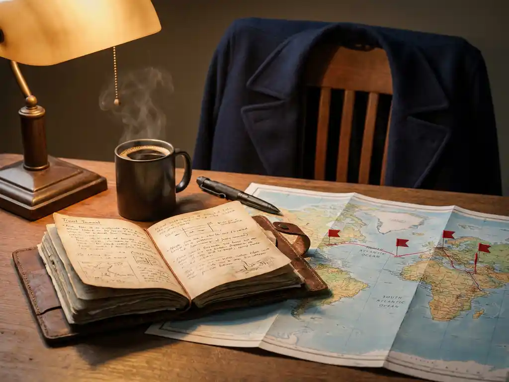 Worn leather travel journal open beside a folded world map with a red-flagged route, steaming coffee, and tactical pen on a briefing table.