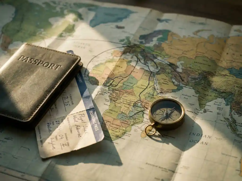 Worn leather passport and boarding pass on a geopolitical map with handwritten route annotations and a small compass, soft directional light.
