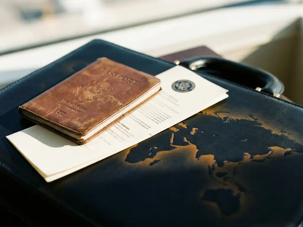 Worn leather passport and official standards document resting on a polished dark briefcase over a subtle world map.