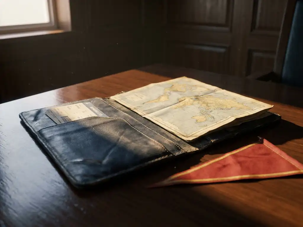 Worn leather travel portfolio open on a briefing table with a boarding pass, folded world map, and red alert flag beside it.