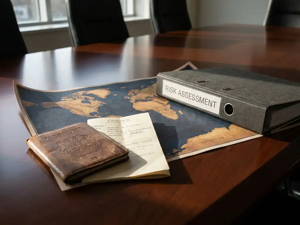 Worn leather passport and travel itinerary beside a corporate risk assessment binder on a dark conference table with a global map beneath.