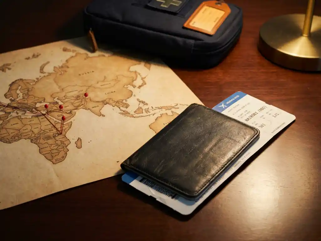 Worn leather passport and boarding pass on a corporate desk beside a world map with pinned high-risk regions, emergency kit visible in background.