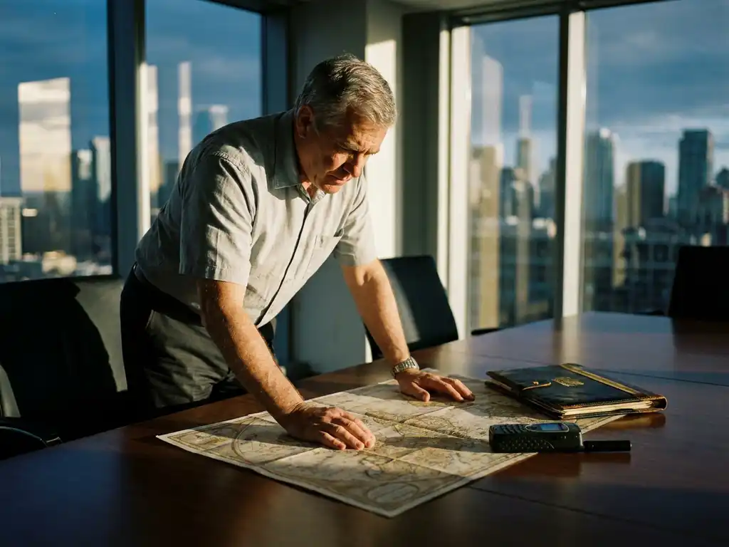 Travel risk manager analyzing a world map on a conference table with a satellite phone and briefing dossier, city skyline behind them.