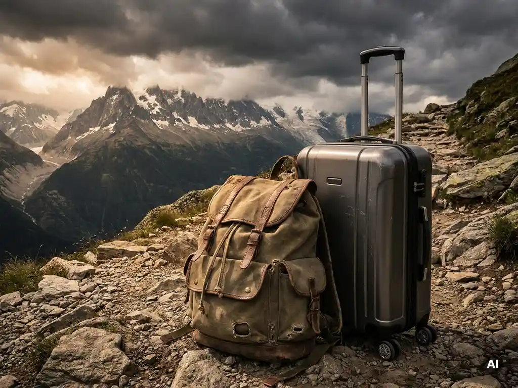 Weathered expedition backpack and corporate carry-on suitcase on a mountain trail, storm clouds gathering over jagged peaks with warm amber light.