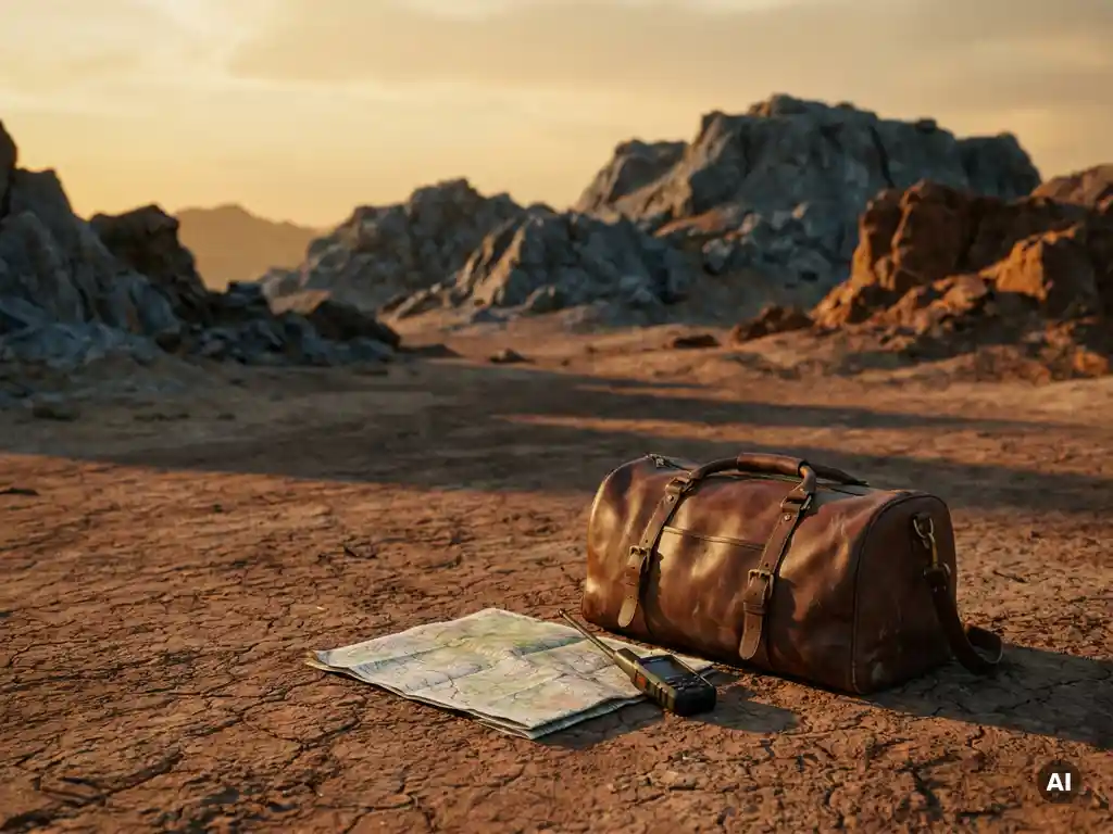 Worn leather travel bag on dry Afghan soil beside a folded topographic map and satellite communicator, rocky mountains in amber haze.
