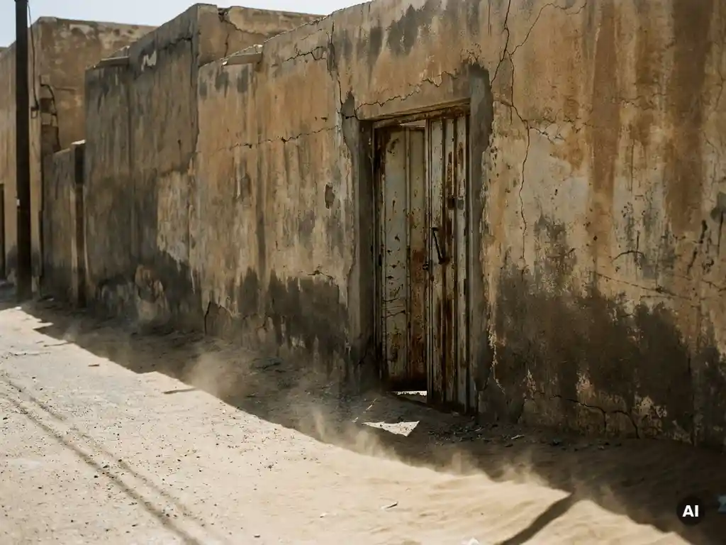 Cracked sun-bleached concrete wall with deep shadows over a dust-covered desert street, rusted metal door slightly ajar at harsh midday.