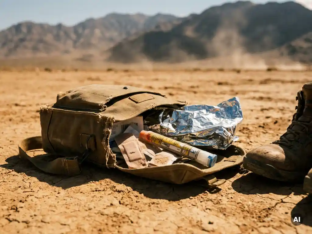 Open field medical kit on desert ground with bandages, epinephrine auto-injector, and thermal blanket beside a worn boot, distant mountains in haze.