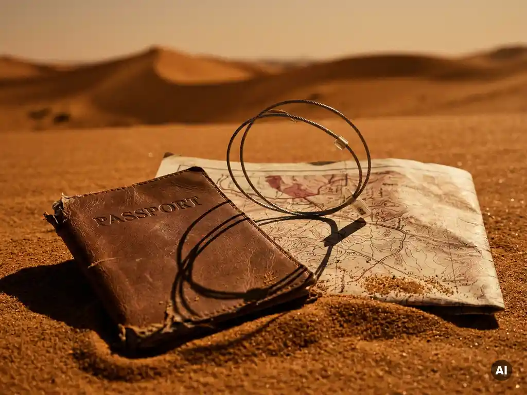 Worn leather passport and folded regional map on desert sand, coiled security tag casting dramatic shadow, amber dunes softly blurred behind.