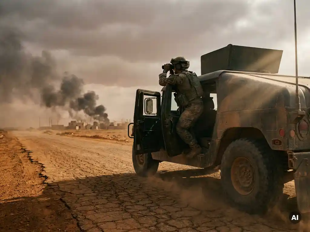 Dust-covered 4x4 evacuation vehicle speeding down a cracked desert road, side door open, tactical figure scanning smoke-filled horizon.