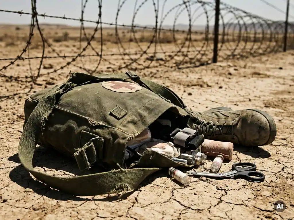 Open field medic bag with medical supplies spilling onto cracked desert ground beside a dusty military boot, barbed wire blurred behind.