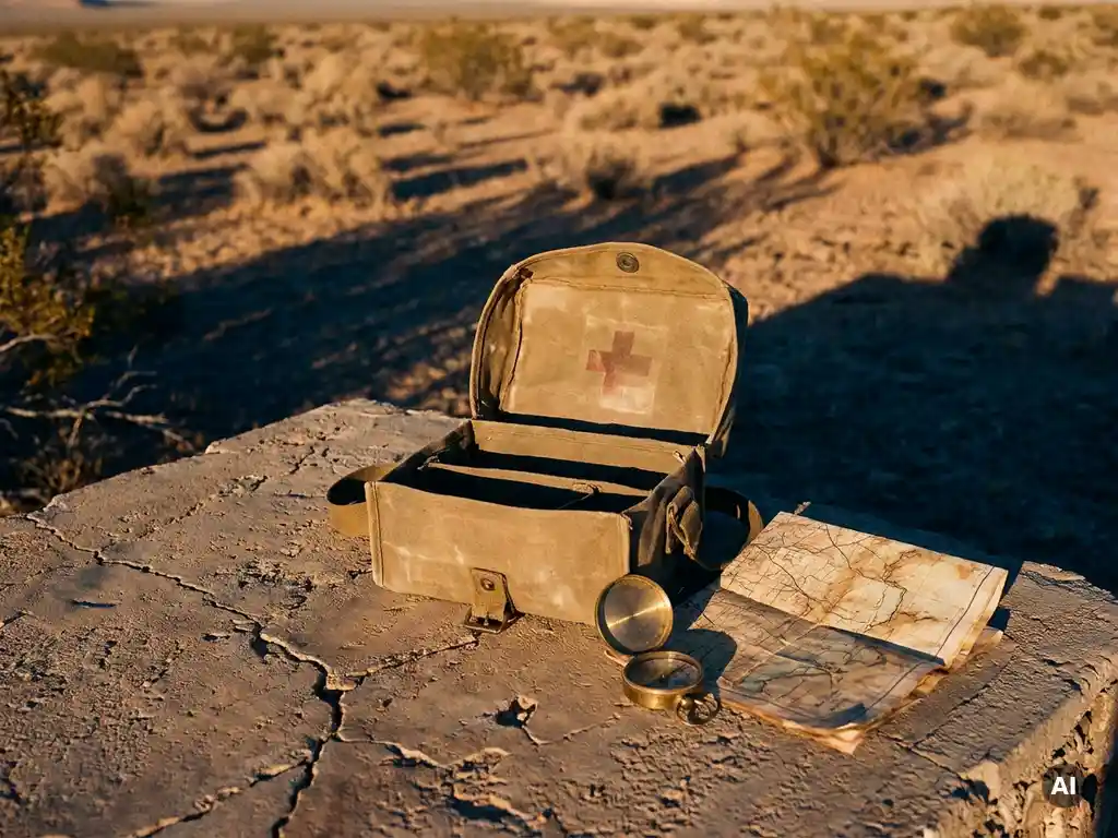 Battered field medical kit open on cracked desert stone beside a compass and folded map in warm golden afternoon light.