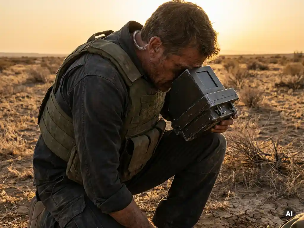 Field operative crouching in arid desert terrain, using ruggedized satellite communication device, wearing tactical vest and earpiece at golden hour.
