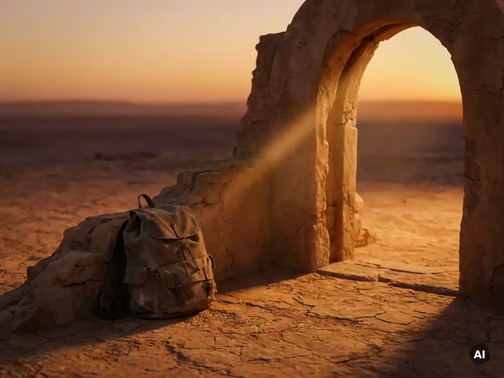 Weathered backpack leaning against an ancient sandstone archway in Iraq, bathed in warm golden desert light with deep shadows.