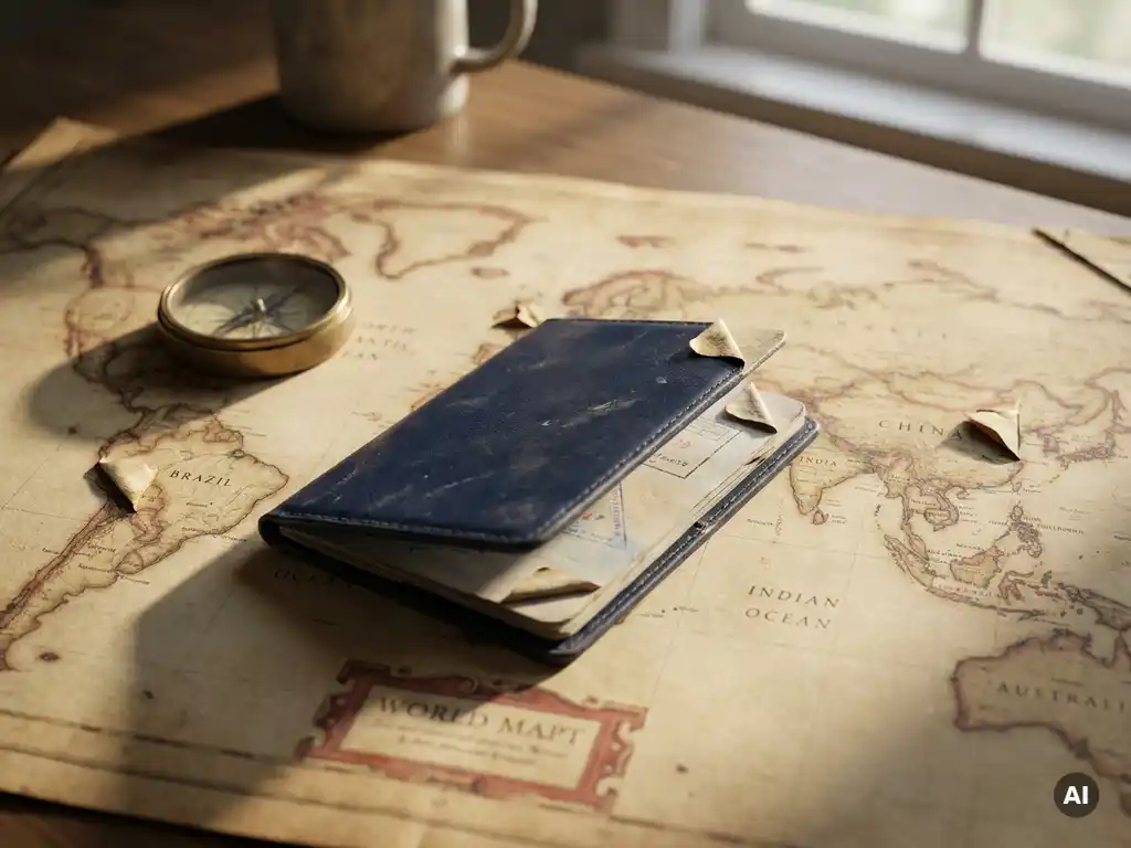 Worn leather passport open on a world map with dog-eared destinations marked, compass casting a dramatic shadow beside it.