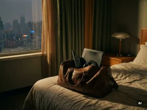 Worn leather travel bag open on a hotel bed holding a satellite phone and encrypted laptop, desert city skyline visible through dusty curtains at dusk.