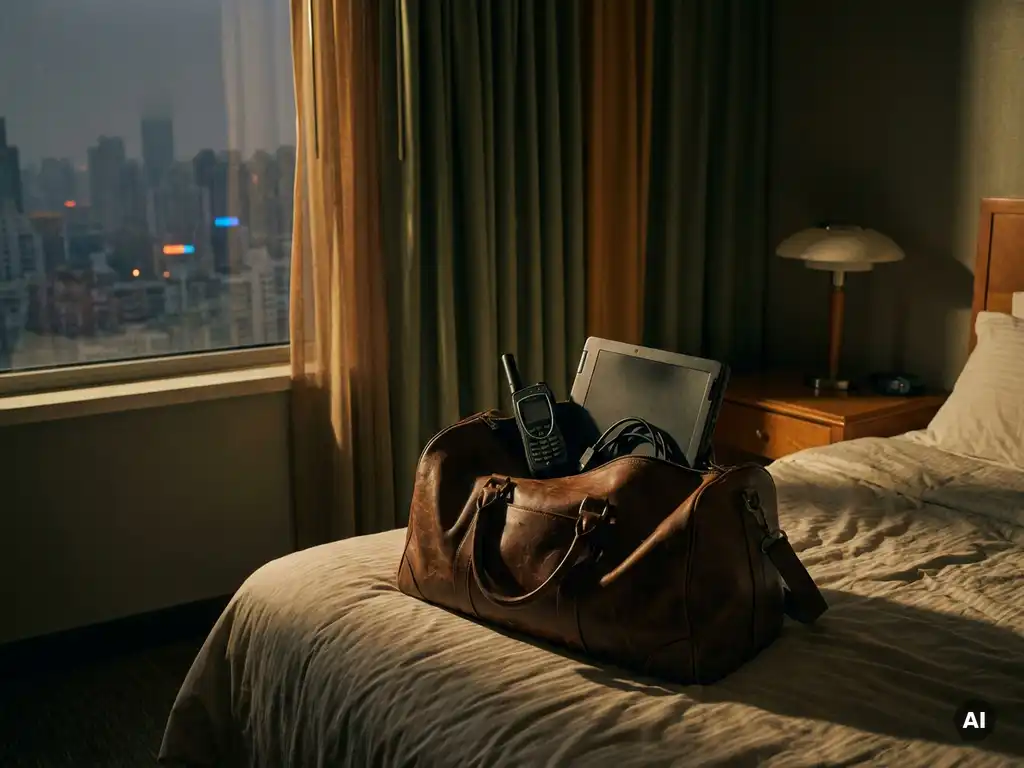 Worn leather travel bag open on a hotel bed holding a satellite phone and encrypted laptop, desert city skyline visible through dusty curtains at dusk.