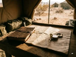 Worn leather travel journal and paper map spread on a field desk with a compass resting on tension lines, desert tent backdrop.