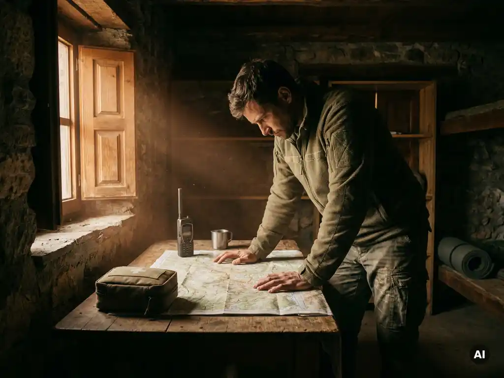 Lone traveler in tactical gear studying a topographic map inside a dim safe house, emergency kit and satellite phone on the table nearby.
