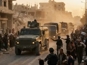 Military convoy evacuating civilians through a dusty urban corridor at dusk, emergency personnel coordinating crowds beside collapsed infrastructure in golden haze.