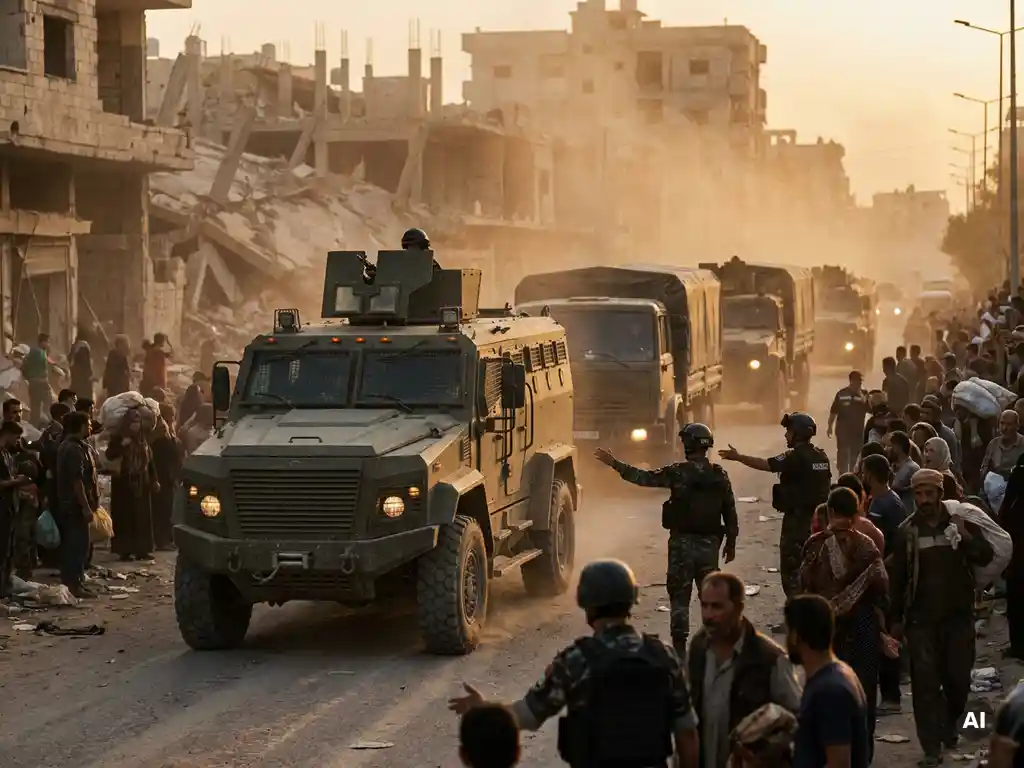 Military convoy evacuating civilians through a dusty urban corridor at dusk, emergency personnel coordinating crowds beside collapsed infrastructure in golden haze.