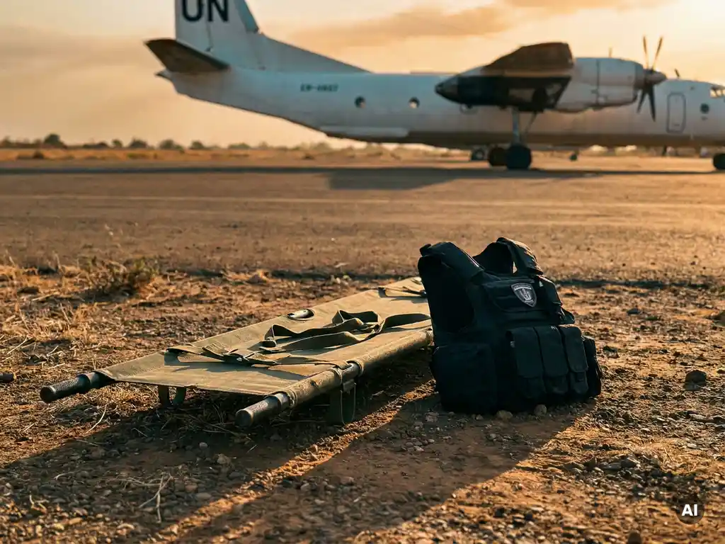 Military medical stretcher and tactical security vest on dusty tarmac beside a white evacuation aircraft at golden hour.