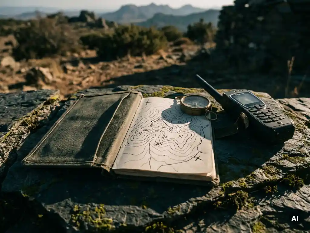 Weathered field notebook open to a hand-drawn mountain map beside a compass and satellite phone on a stone surface.