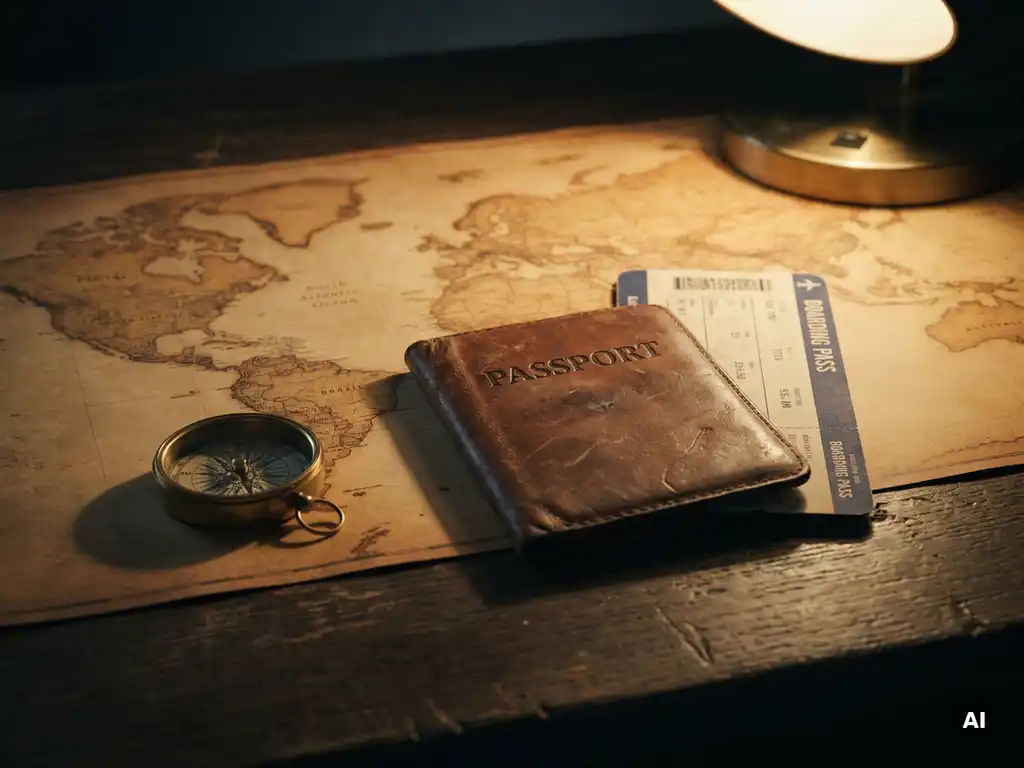 Weathered leather passport and boarding pass on a world map beside a small compass, shot close-up with warm amber desk lamp light.